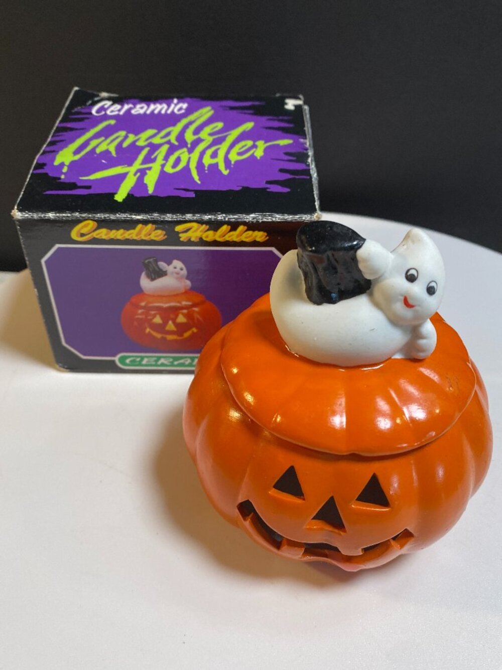 Ceramic Candle Holder Halloween Jack-O-Lantern Ghost